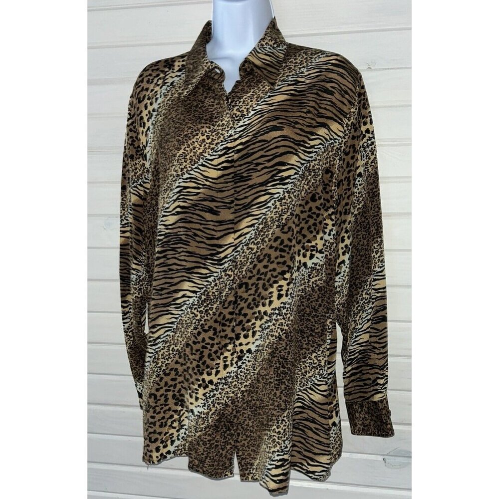 VTG Piano Sz XL 100% Silk Blouse Brown Khaki Leopard Stripes L/S Button Up EUC